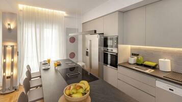 Appartement Design, 2 chambres | Cuisine privée | Grand réfrigérateur, micro-ondes, four, plaque de cuisson