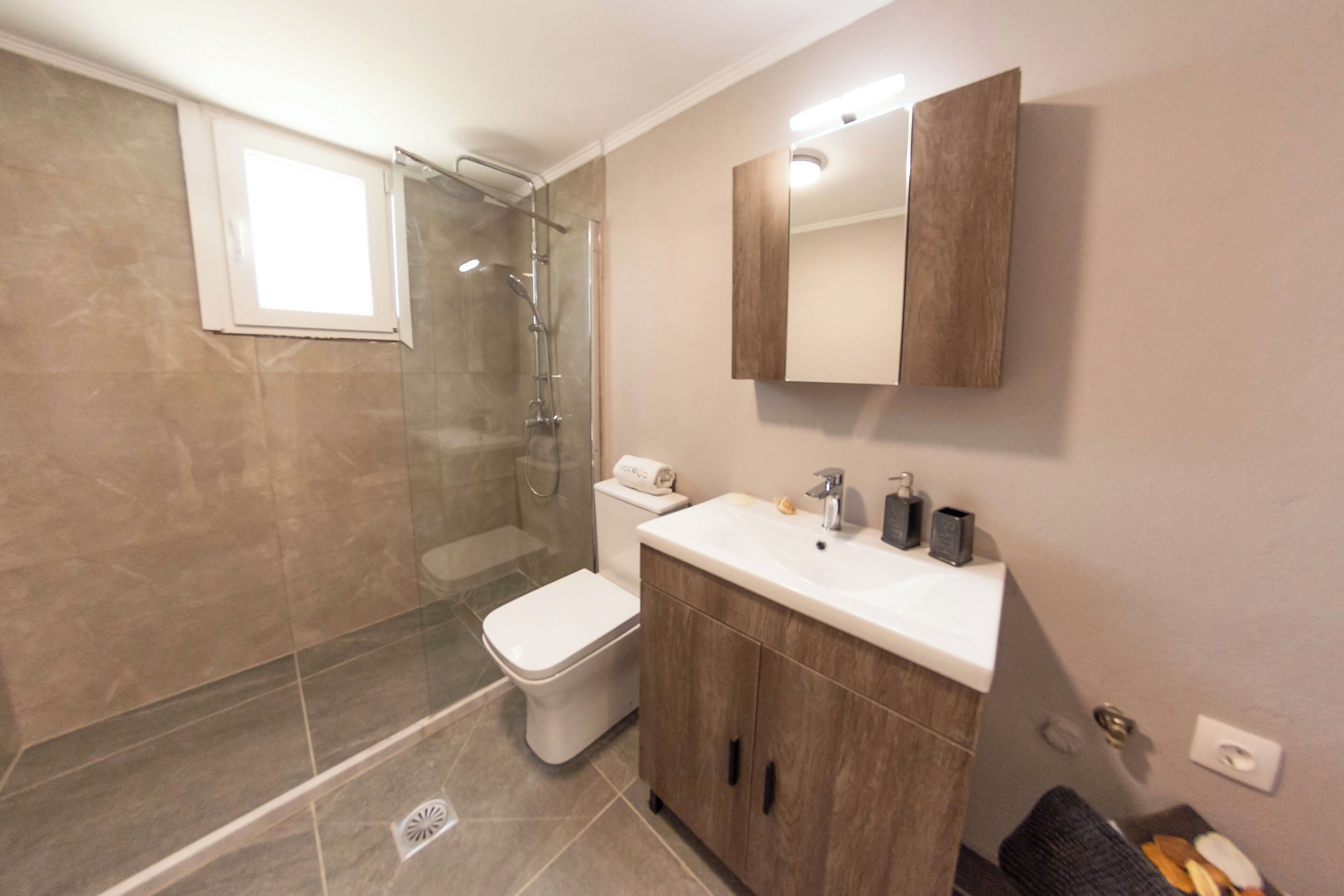 A bathroom with a glass shower enclosure, a toilet, a sink with a mirror above it, and a cabinet below.