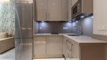 Appartement Panoramique, 2 chambres | Cuisine privée | Réfrigérateur, micro-ondes, plaque de cuisson, cafetiÚre/bouilloire