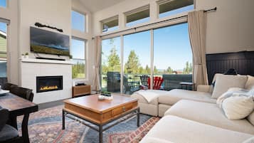 Smart TV, fireplace, video library