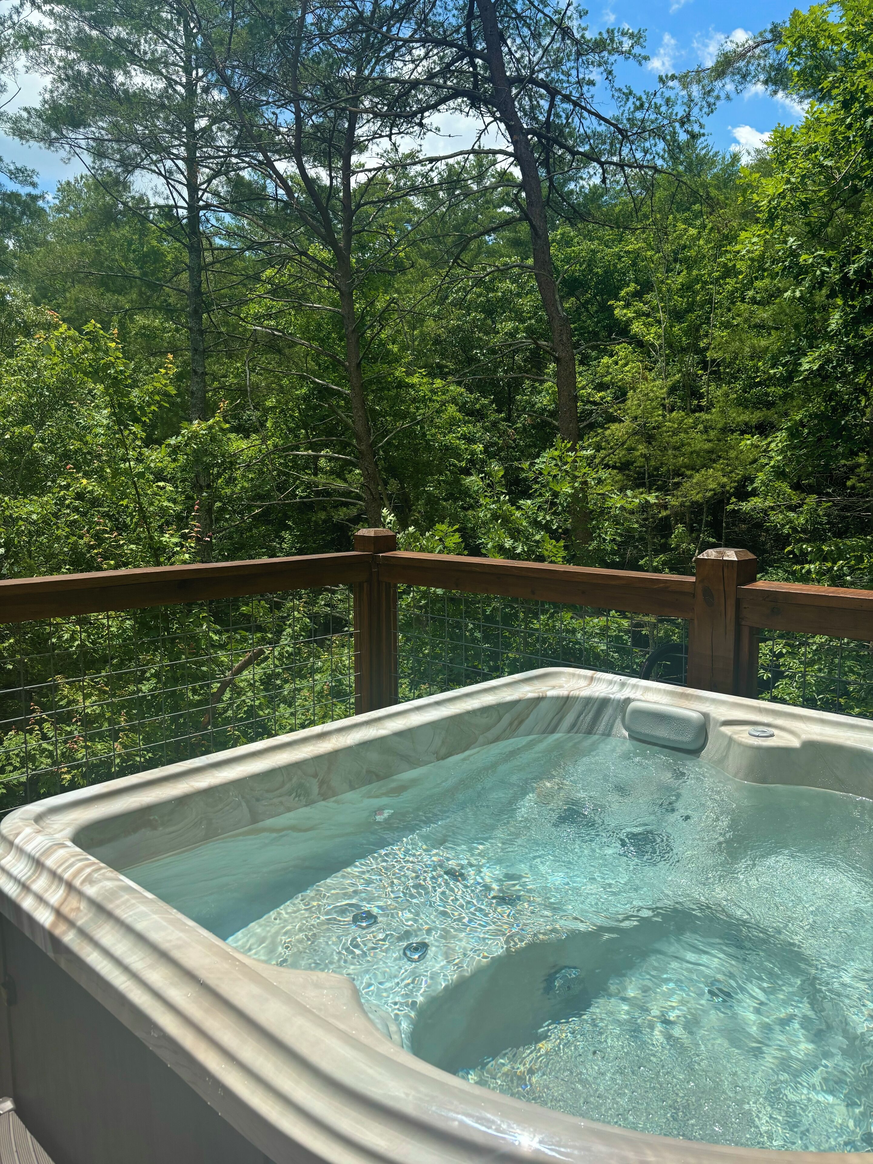 Un bain à remous entouré d’une terrasse en bois, avec vue sur une forêt dense.