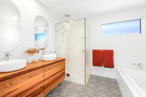 Hair dryer, towels, soap, shampoo