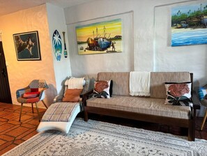 Smart TV, fireplace, books