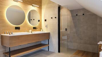 Shower, rainfall showerhead, hair dryer, bathrobes