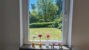 A window with a view of a garden, a radiator below, and a shelf with decorative items. - "Fuchsbau" vacation apartment for up to 8 people in the Oberharz (Goslar)