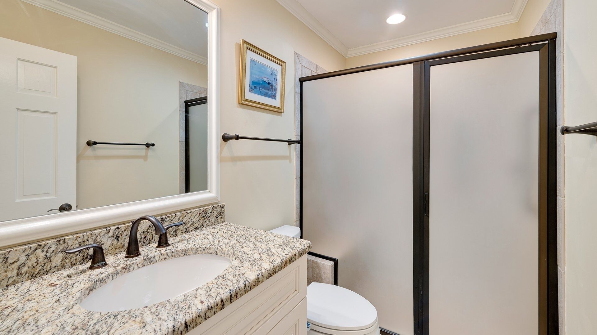 A bathroom with a granite countertop sink, a large mirror, a framed picture on the wall, and a walk-in shower.