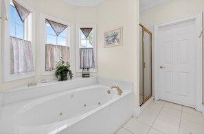 Une salle de bain avec une grande baignoire, une douche et une porte.