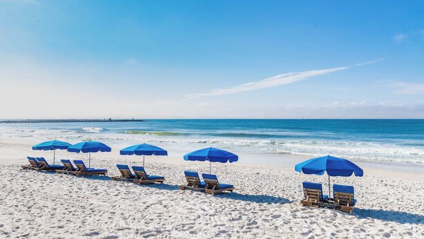 Een strand met rijen ligbedden en blauwe parasols.