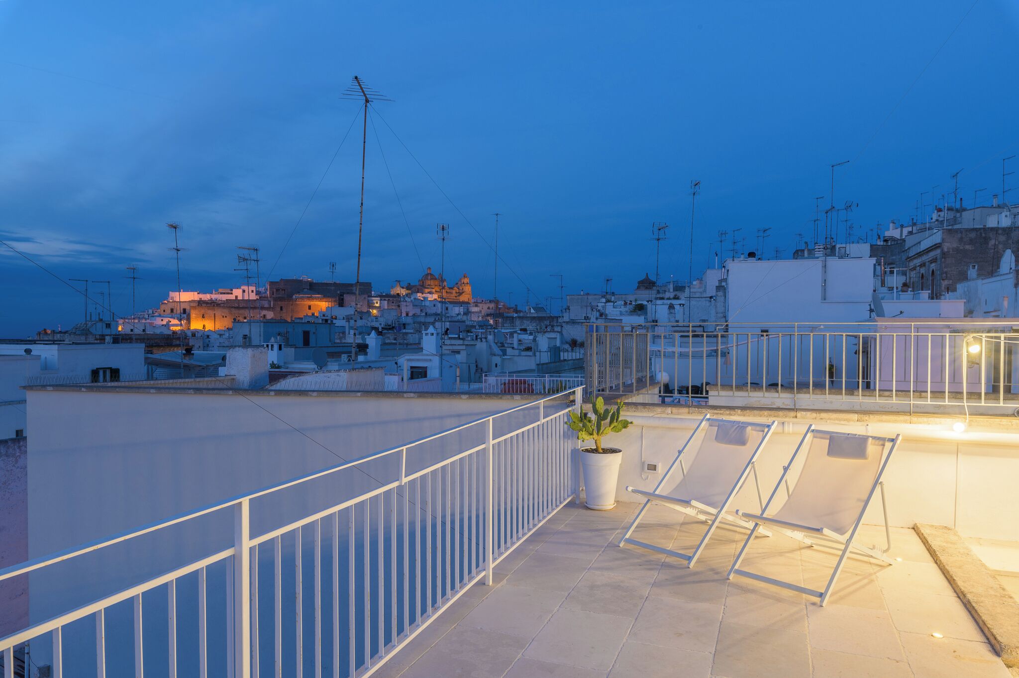 Terraza en la azotea con una planta en maceta y sillones de descanso, con vistas a un paisaje urbano que incluye edificios y una estructura destacada al fondo.