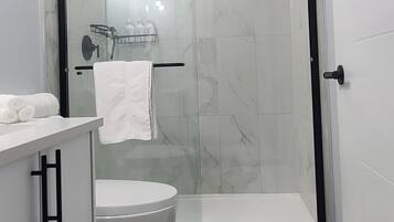 Secadora de cabello, toallas, jabón, shampoo
