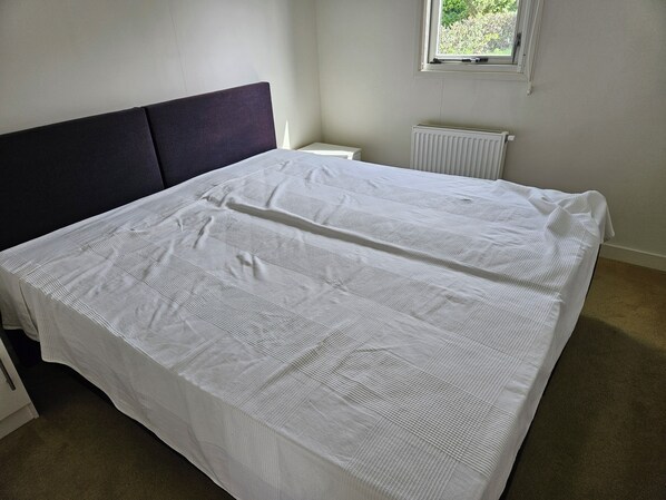 Une chambre avec un grand lit, une fenêtre et un radiateur.