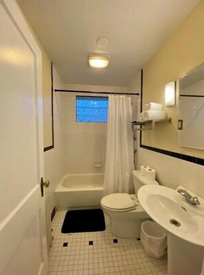 Hair dryer, towels, soap, shampoo