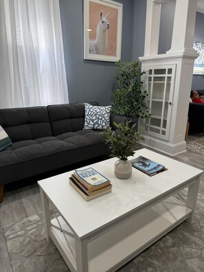 Una Smart TV, una chimenea, libros, una pantalla de ordenador