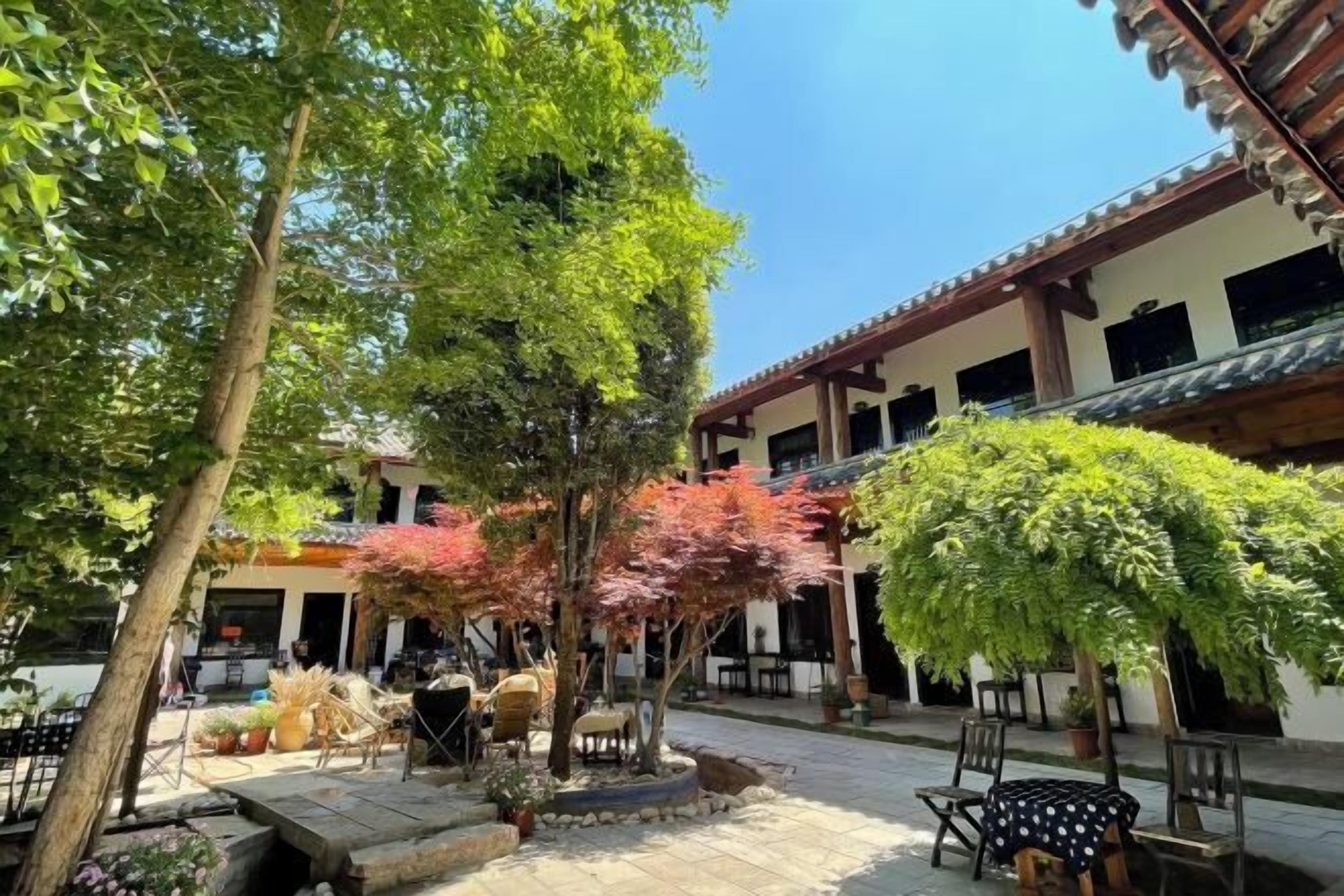 An outdoor courtyard with a dining area, seating, and potted plants.
