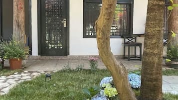 A house with a black door, a small garden with grass and flowers, and a tree in the foreground.