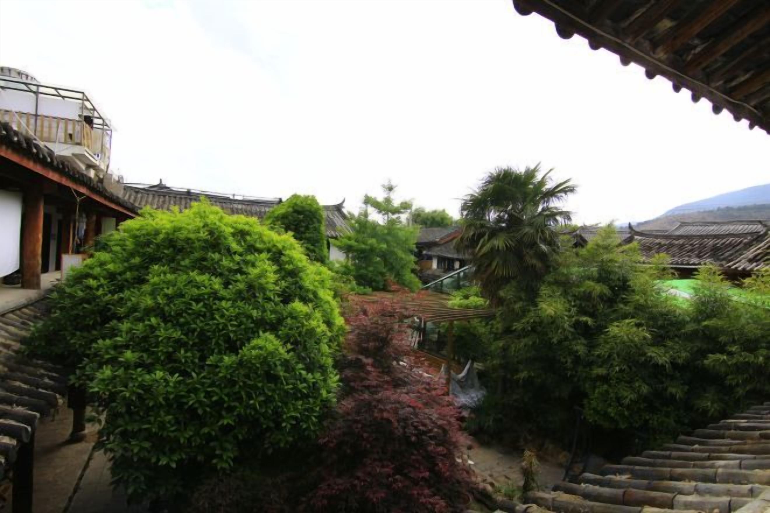 A traditional courtyard with stone steps, a central pathway, and surrounding greenery.