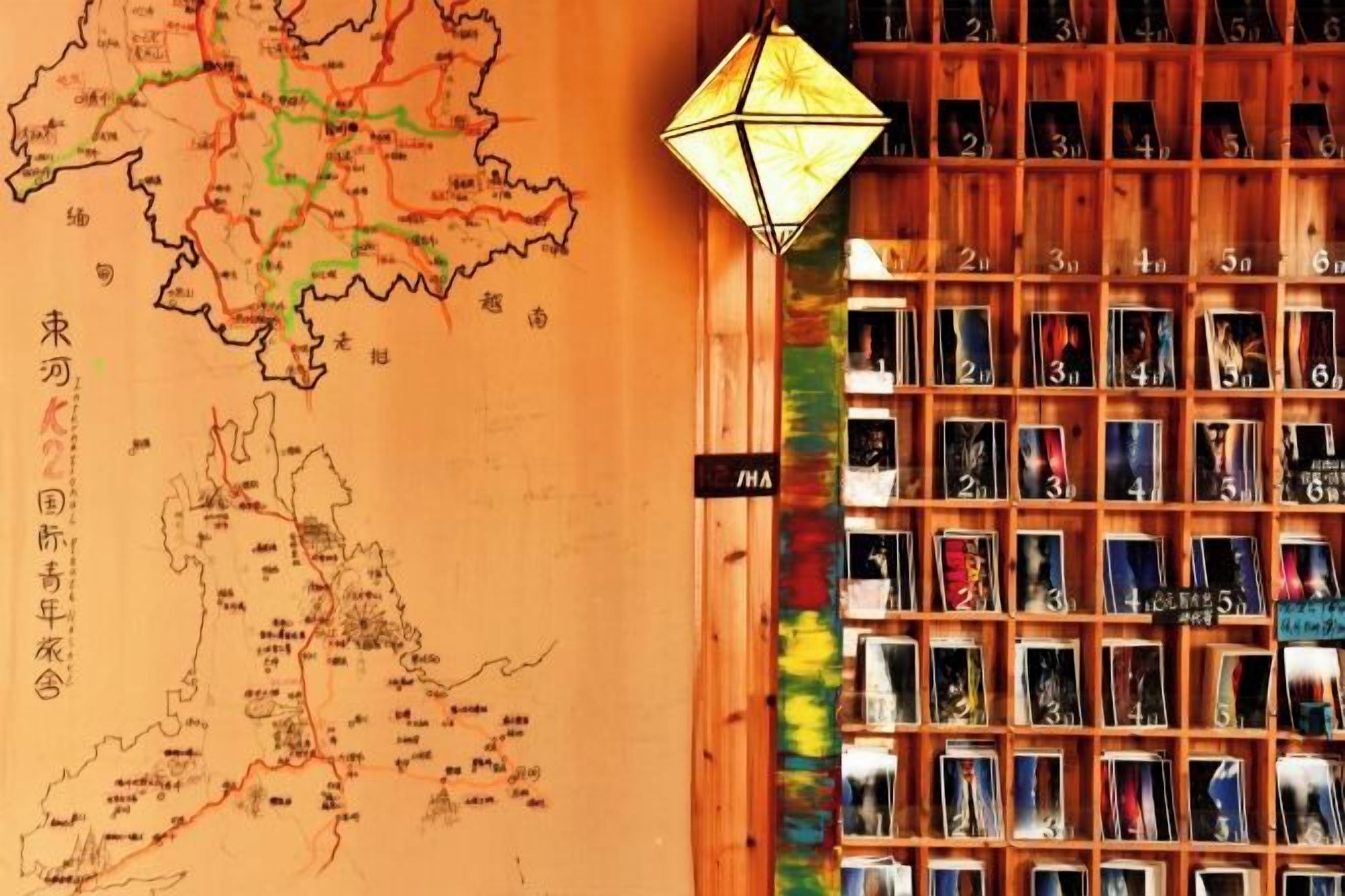 A map with a wooden bookshelf filled with books.