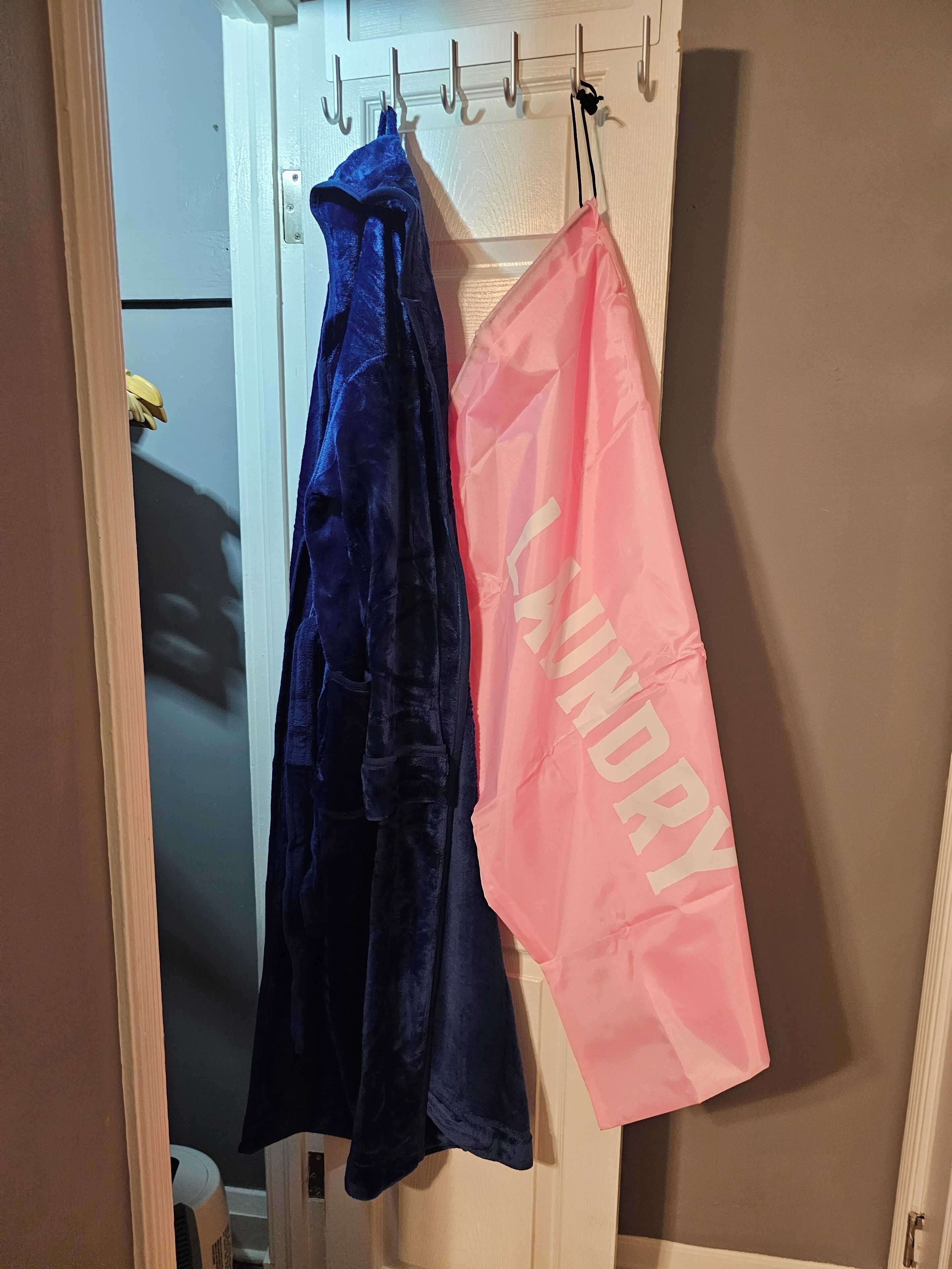 Un armario con una bata de terciopelo azul y una bolsa rosa que dice 'Laundry' colgada de la puerta.