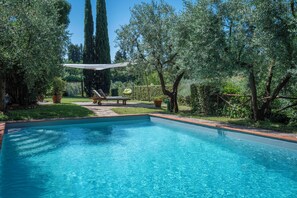 A rectangular swimming pool with a clear blue water surface, surrounded by lush greenery and tall trees. - Chianti Hills Apartment Pool Ac And Wifi (San Casciano in Val di Pesa)
