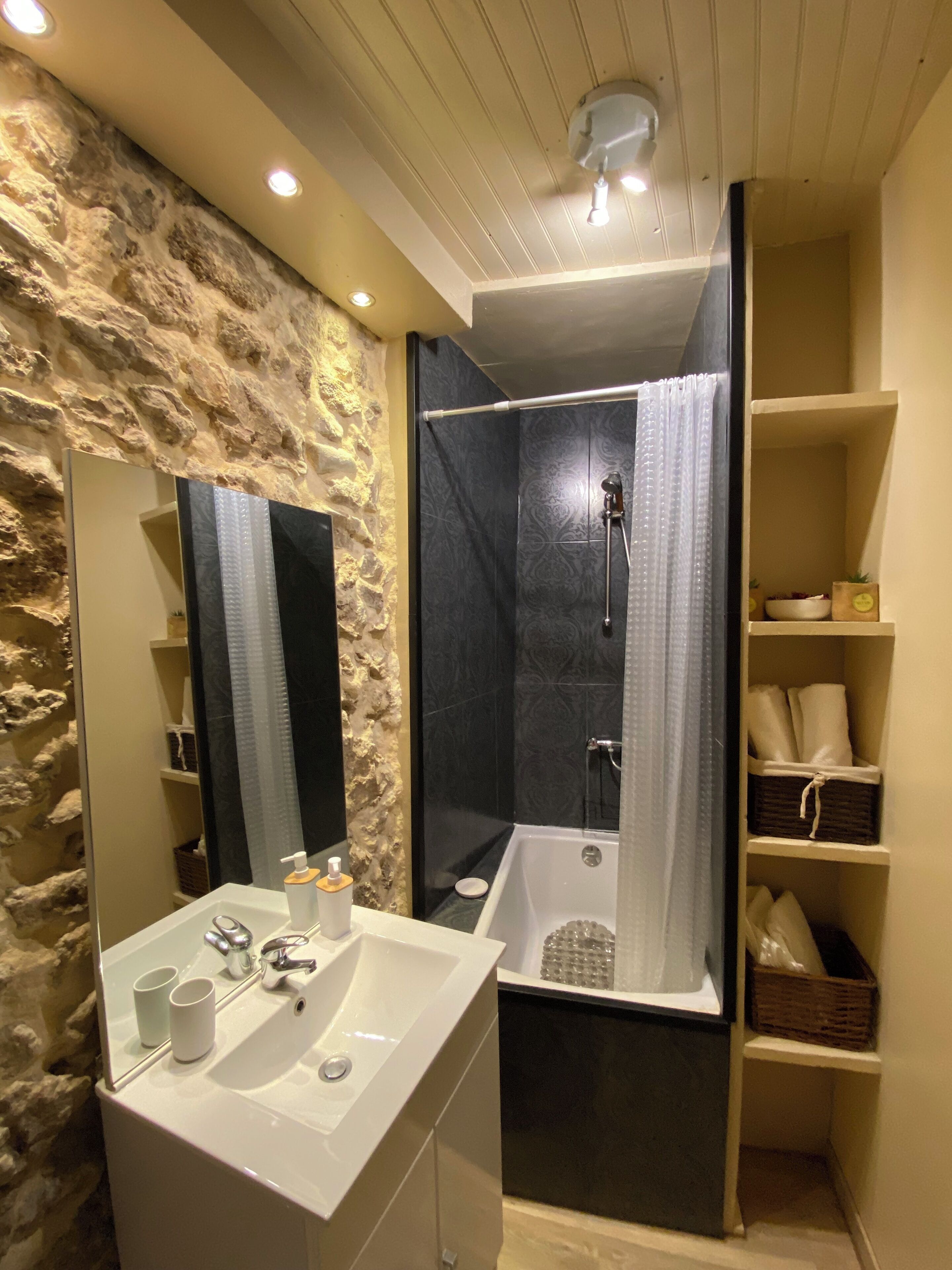 Hair dryer, towels, soap, toilet paper