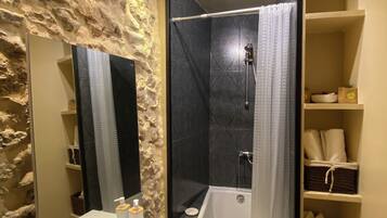 Hair dryer, towels, soap, toilet paper