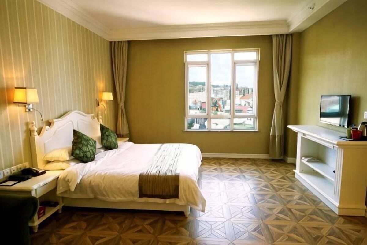 A hotel room with a bed, a TV, a desk, and a window with a city view.