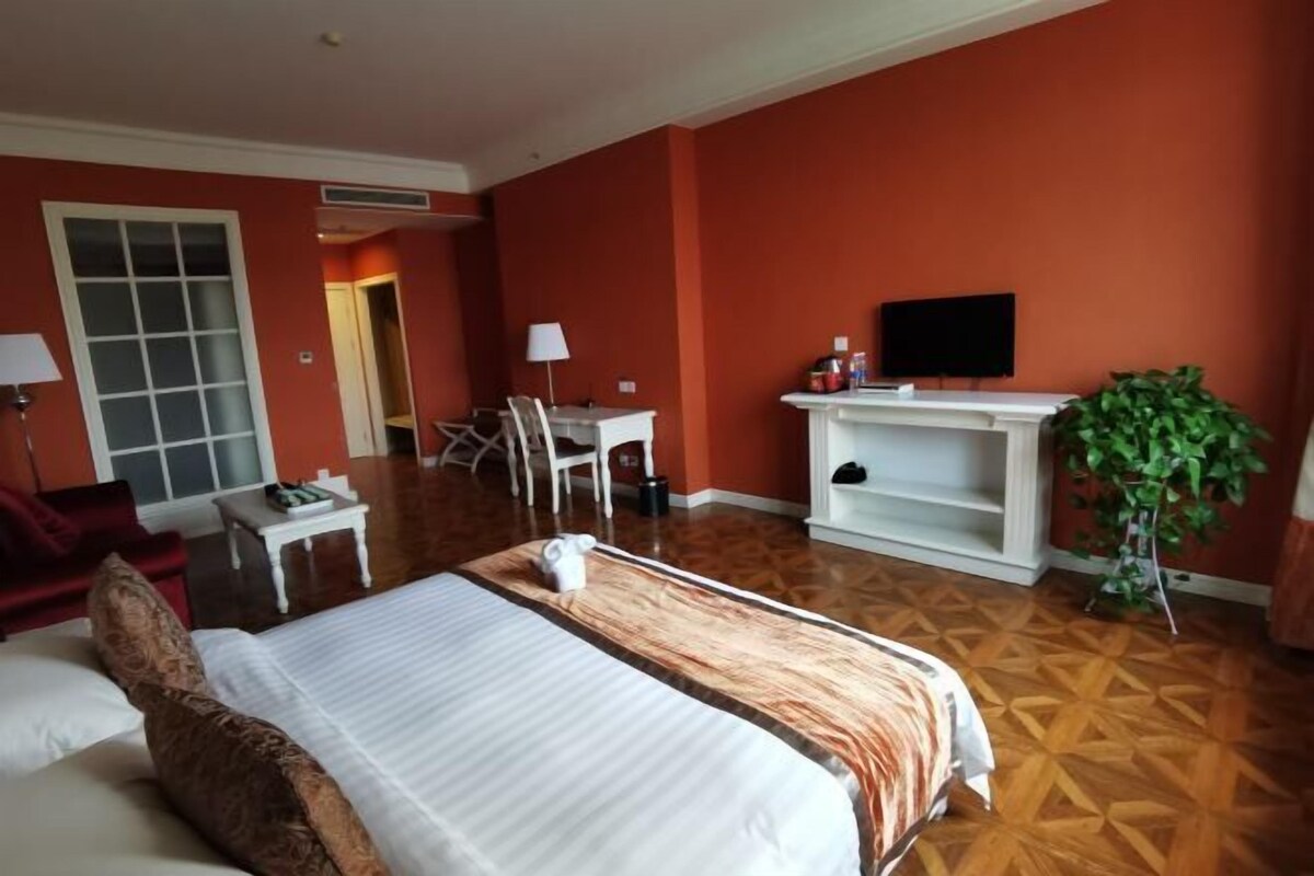 A hotel room with a bed, a desk, a chair, a television, and a plant.