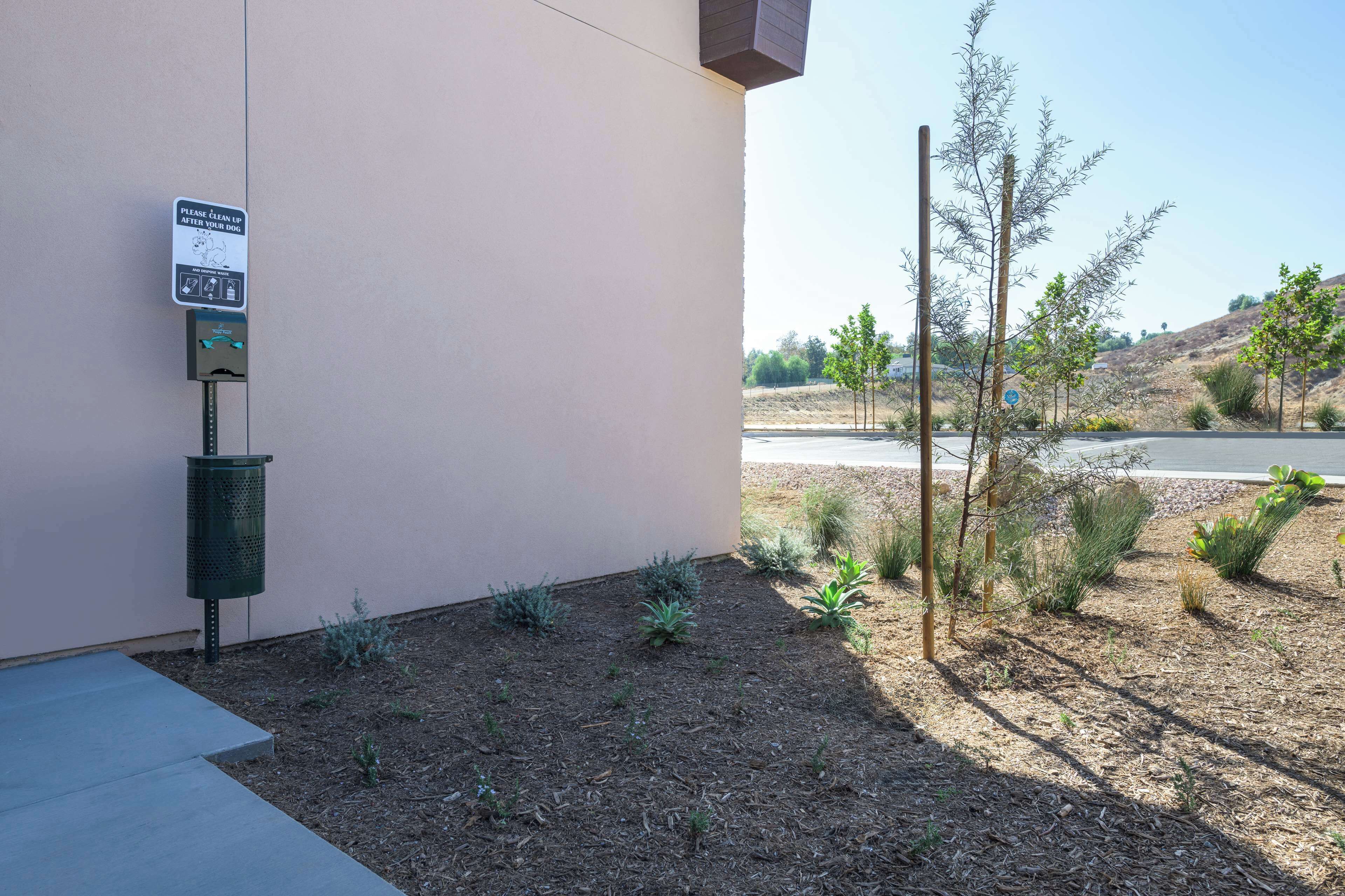 A clean outdoor area with a trash bin, a sign instructing to clean up after pets, and a landscaped garden with small plants and trees.
