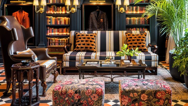 A library with bookshelves, a fireplace, a sofa, and a chair. - Graduate by Hilton Princeton (Princeton)