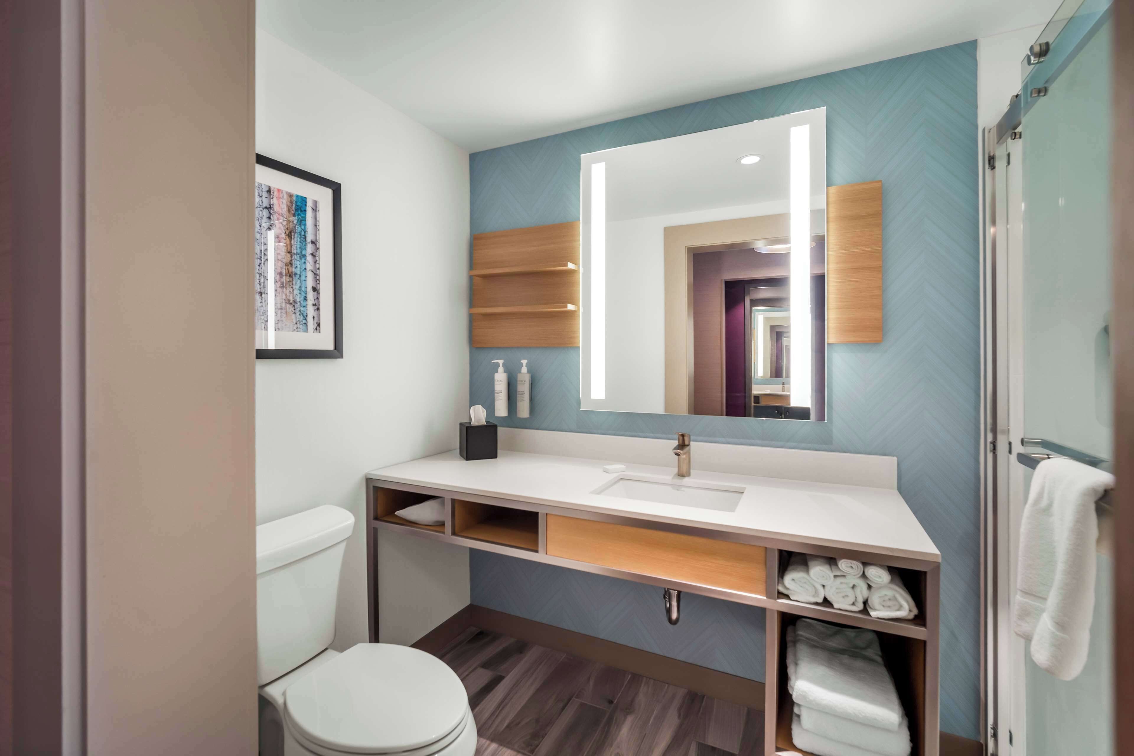 Une salle de bain moderne avec un lavabo blanc, un grand miroir et un meuble-lavabo en bois.