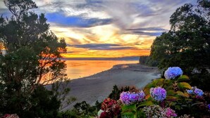 Une plage offrant une vue sur le coucher de soleil, entourée d’arbres et de fleurs aux couleurs vives.