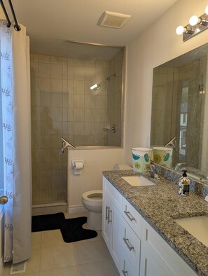 A bathroom with a shower, toilet, sink, and mirror.