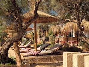 Vlak bij het strand, wit zand, strandlakens