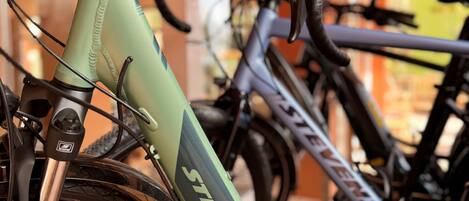 A close-up of a bicycle with the brand name "STEVENS" visible on the frame.