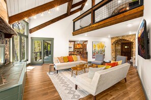 Télévision, cheminée, livres