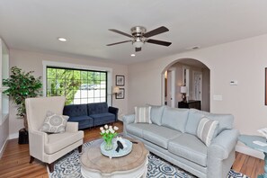 Smart TV, fireplace, table football, books