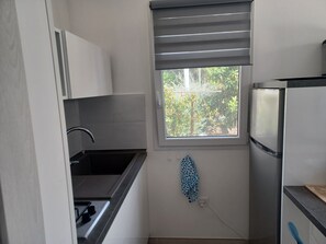 Kühlschrank, Mikrowelle, Herdplatte, Wasserkocher mit Kaffee-/Teezubehör