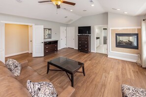 Smart TV, fireplace, DVD player, foosball