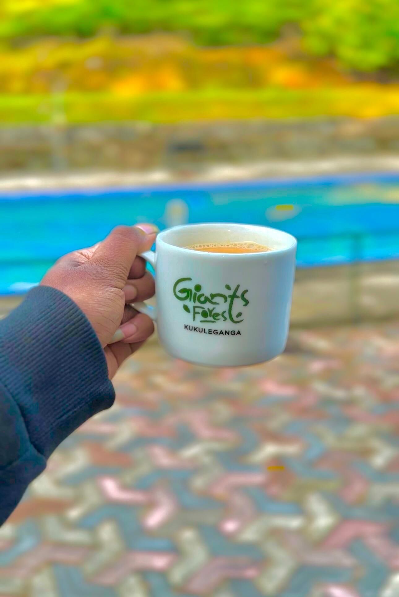A hand holding a mug with "Giants Forest" and "Kukuleganga" text, with a blurred background of a pool and greenery.