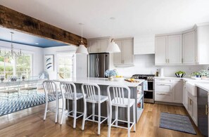 Private kitchen - Happy Beach House steps from beach! Spa & Basketball court and colorful decor! (Hampton Bays)