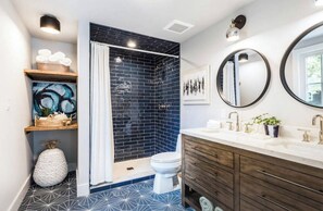 Shower, hair dryer, towels, soap - Happy Beach House steps from beach!   Spa & Basketball court and colorful decor! (Hampton Bays)