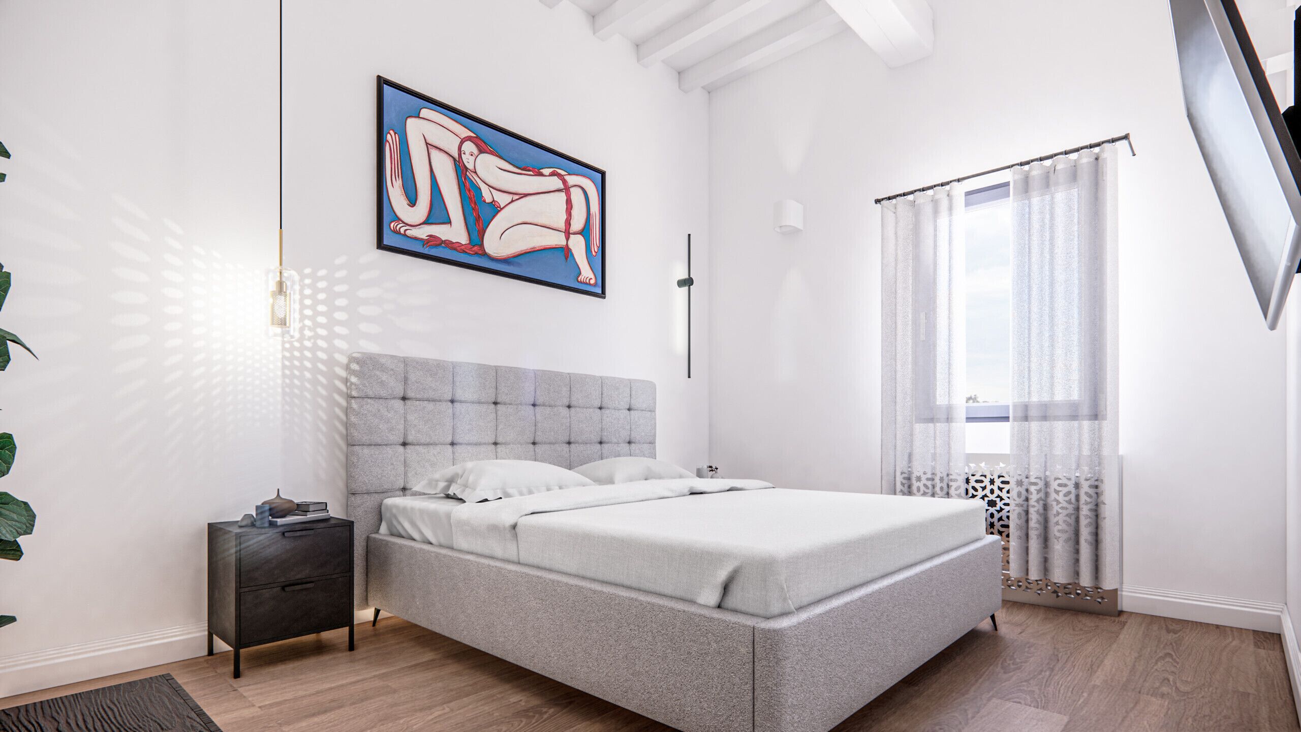 Une chambre moderne avec un lit recouvert d’un tissu gris, une petite table de chevet, un tableau accroché au mur et une fenêtre ornée de rideaux légers.