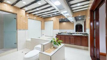 A modern bathroom with a shower, toilet, and sink area.