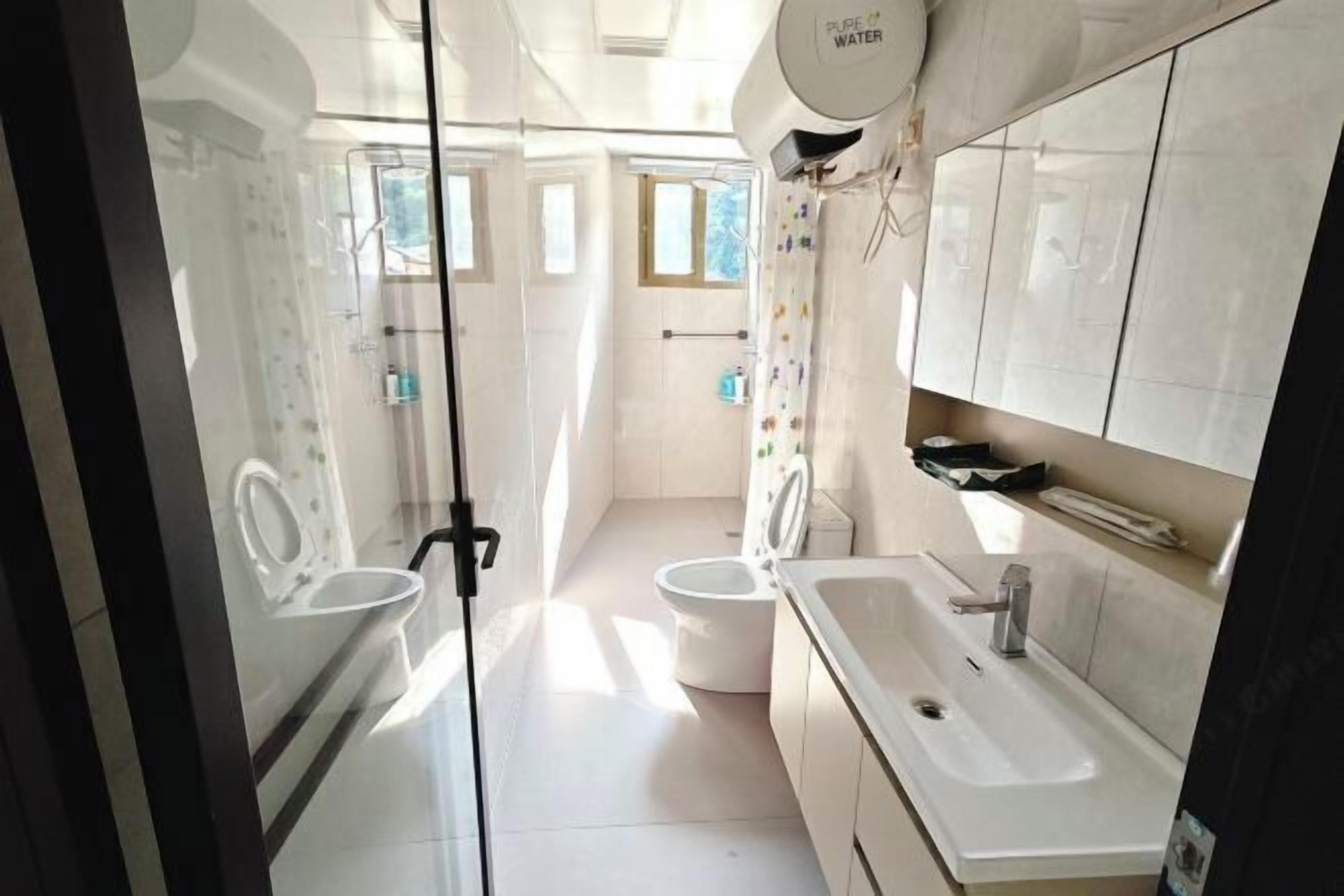 A modern bathroom with a glass shower enclosure, a toilet, a sink, and a mirror.