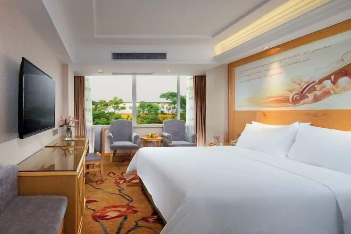 Habitación de hotel con una cama grande, un televisor de pantalla plana, un escritorio con lámpara, dos sillones y vistas a zonas verdes.