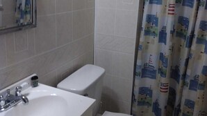 A bathroom with a white sink, a toilet, and a shower curtain with nautical designs.