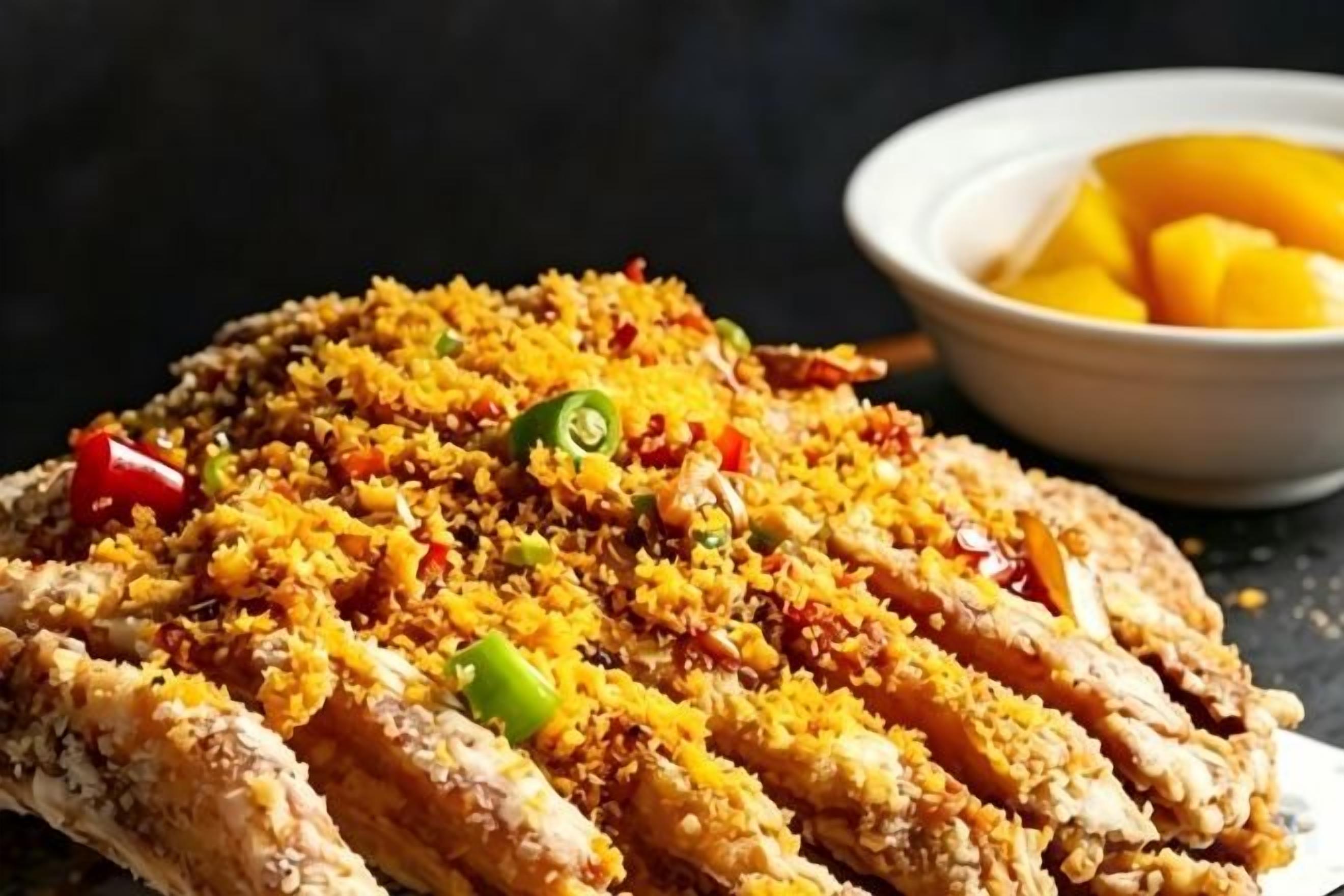 En ret med sprød panering og hakkede grøntsager, serveret med en skål frugt.