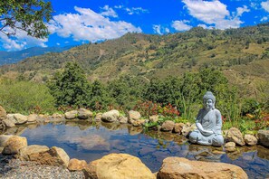 Deluxe huisje, uitzicht op meer | Terras