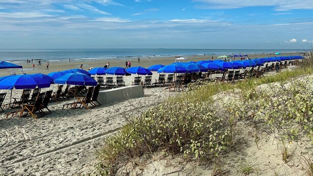 Une plage bordée de rangées de parasols bleus et de chaises de plage, un sentier sablonneux et l’océan en arrière-plan.
