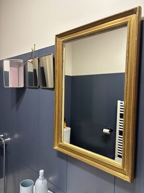A bathroom with a large mirror, three smaller mirrors, a towel rack, a toilet paper holder, and a hand dryer. - Maisonnette à la Campagne (Baulne)